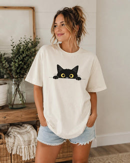 Peeking Black Cat Shirt, Cute Black Cat Tee, Cat Lover Gift, Funny Cat Comfort Colors T-Shirt, Minimal Cat Shirt