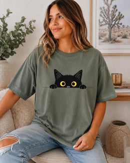 Peeking Black Cat Shirt, Cute Black Cat Tee, Cat Lover Gift, Funny Cat Comfort Colors T-Shirt, Minimal Cat Shirt