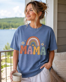 Mama Rainbow Shirt, Boho Mama Tee, Retro Mom Shirt, Cute Mama Graphic Tee, Minimalist Mom Shirt, Pastel Rainbow Mom Tee
