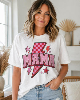 Pink Mama Shirt, Retro Mama Tee, Lightning Bolt Mom Shirt, Checkered Mama Shirt, Trendy Mom Graphic Tee, Cute Mama Shirt