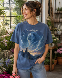 Dream Bigger Shirt, Cat Lion Graphic Tee, Motivational Cat Shirt, Fantasy Animal Comfort Colors T-Shirt, Cat Lover Gift