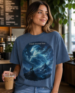 Climb Beyond Fear Shirt, Mountain Goat Graphic Tee, Motivational Animal Shirt, Fantasy Comfort Colors T-Shirt Gift