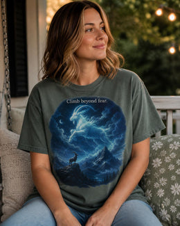 Climb Beyond Fear Shirt, Mountain Goat Graphic Tee, Motivational Animal Shirt, Fantasy Comfort Colors T-Shirt Gift
