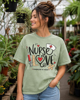 Nurse Love Shirt, Compassion In Action Tee, Nurse Shirt, Registered Nurse Gift, Nursing Student Comfort Colors T-Shirt