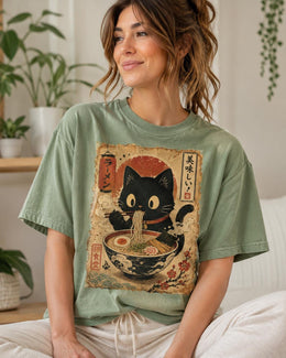 Ramen Cat Shirt, Cute Black Cat Noodles Tee, Japanese Food Shirt, Cat Lover Gift, Comfort Colors T-Shirt
