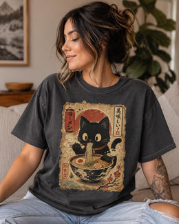 Ramen Cat Shirt, Cute Black Cat Noodles Tee, Japanese Food Shirt, Cat Lover Gift, Comfort Colors T-Shirt