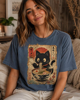 Ramen Cat Shirt, Cute Black Cat Noodles Tee, Japanese Food Shirt, Cat Lover Gift, Comfort Colors T-Shirt