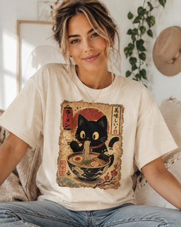 Ramen Cat Shirt, Cute Black Cat Noodles Tee, Japanese Food Shirt, Cat Lover Gift, Comfort Colors T-Shirt