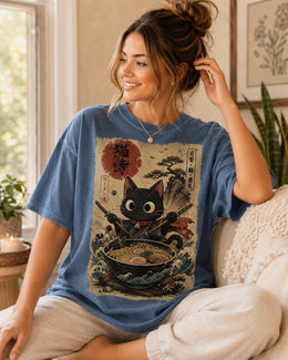 Samurai Cat Ramen Shirt, Black Cat Noodles Tee, Japanese Food Shirt, Anime Cat Gift, Comfort Colors T-Shirt