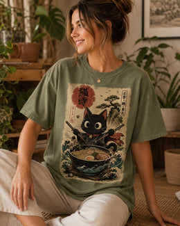 Samurai Cat Ramen Shirt, Black Cat Noodles Tee, Japanese Food Shirt, Anime Cat Gift, Comfort Colors T-Shirt