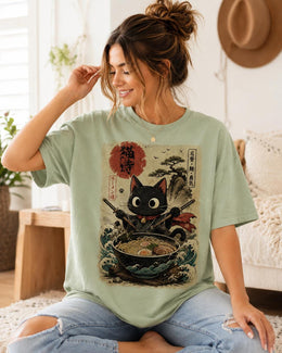 Samurai Cat Ramen Shirt, Black Cat Noodles Tee, Japanese Food Shirt, Anime Cat Gift, Comfort Colors T-Shirt
