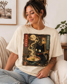 Moonlight Ramen Cat Shirt, Black Cat Noodles Tee, Japanese Food Shirt, Anime Cat Gift, Comfort Colors T-Shirt
