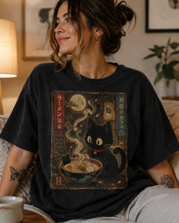 Moonlight Ramen Cat Shirt, Black Cat Noodles Tee, Japanese Food Shirt, Anime Cat Gift, Comfort Colors T-Shirt
