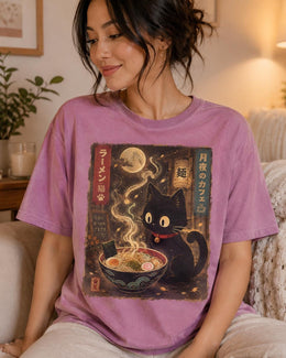 Moonlight Ramen Cat Shirt, Black Cat Noodles Tee, Japanese Food Shirt, Anime Cat Gift, Comfort Colors T-Shirt