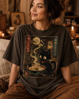 Moonlight Ramen Cat Shirt, Black Cat Noodles Tee, Japanese Food Shirt, Anime Cat Gift, Comfort Colors T-Shirt