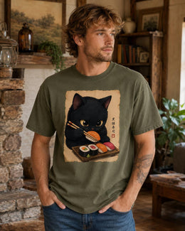 Sushi Cat Shirt, Black Cat Sushi Tee, Japanese Food Shirt, Cat Lover Gift, Anime Cat Comfort Colors T-Shirt