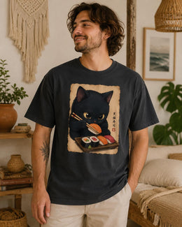 Sushi Cat Shirt, Black Cat Sushi Tee, Japanese Food Shirt, Cat Lover Gift, Anime Cat Comfort Colors T-Shirt