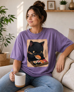 Sushi Cat Shirt, Black Cat Sushi Tee, Japanese Food Shirt, Cat Lover Gift, Anime Cat Comfort Colors T-Shirt