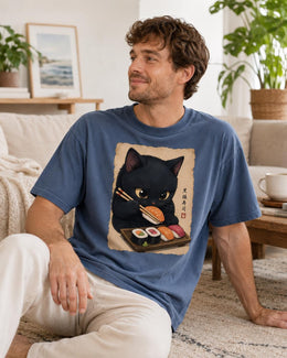 Sushi Cat Shirt, Black Cat Sushi Tee, Japanese Food Shirt, Cat Lover Gift, Anime Cat Comfort Colors T-Shirt