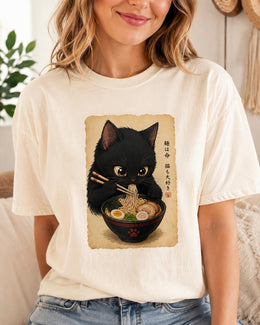 Ramen Cat Shirt, Black Cat Noodles Tee, Japanese Food Shirt, Cat Lover Gift, Anime Cat Comfort Colors T-Shirt