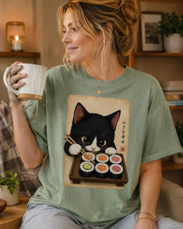 Cute Sushi Cat Shirt, Tuxedo Cat Sushi Tee, Japanese Food Shirt, Cat Lover Gift, Anime Cat Comfort Colors T-Shirt