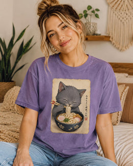 Gray Cat Ramen Shirt, Cute Cat Noodles Tee, Japanese Food Shirt, Cat Lover Gift, Anime Cat Comfort Colors T-Shirt