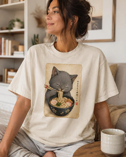 Gray Cat Ramen Shirt, Cute Cat Noodles Tee, Japanese Food Shirt, Cat Lover Gift, Anime Cat Comfort Colors T-Shirt