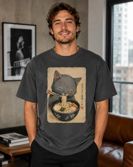Gray Cat Ramen Shirt, Cute Cat Noodles Tee, Japanese Food Shirt, Cat Lover Gift, Anime Cat Comfort Colors T-Shirt