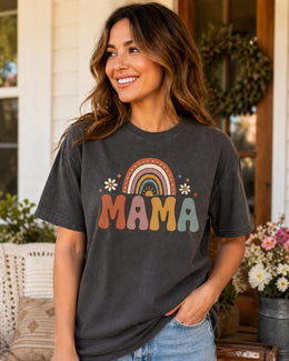 Mama Rainbow Shirt, Boho Mama Tee, Retro Mom Shirt, Cute Mama Graphic Tee, Minimalist Mom Shirt, Pastel Rainbow Mom Tee