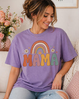 Mama Rainbow Shirt, Boho Mama Tee, Retro Mom Shirt, Cute Mama Graphic Tee, Minimalist Mom Shirt, Pastel Rainbow Mom Tee