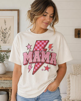 Pink Mama Shirt, Retro Mama Tee, Lightning Bolt Mom Shirt, Checkered Mama Shirt, Trendy Mom Graphic Tee, Cute Mama Shirt