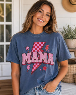 Pink Mama Shirt, Retro Mama Tee, Lightning Bolt Mom Shirt, Checkered Mama Shirt, Trendy Mom Graphic Tee, Cute Mama Shirt