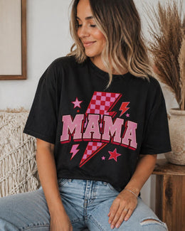 Pink Mama Shirt, Retro Mama Tee, Lightning Bolt Mom Shirt, Checkered Mama Shirt, Trendy Mom Graphic Tee, Cute Mama Shirt