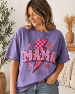 Pink Mama Shirt, Retro Mama Tee, Lightning Bolt Mom Shirt, Checkered Mama Shirt, Trendy Mom Graphic Tee, Cute Mama Shirt