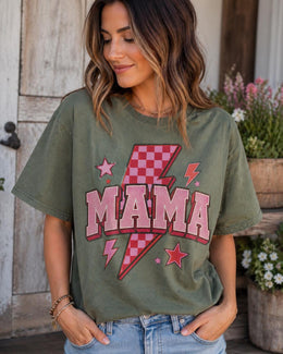 Pink Mama Shirt, Retro Mama Tee, Lightning Bolt Mom Shirt, Checkered Mama Shirt, Trendy Mom Graphic Tee, Cute Mama Shirt