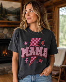 Pink Mama Shirt, Retro Mama Tee, Lightning Bolt Mom Shirt, Checkered Mama Shirt, Trendy Mom Graphic Tee, Cute Mama Shirt