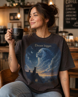 Dream Bigger Shirt, Cat Lion Graphic Tee, Motivational Cat Shirt, Fantasy Animal Comfort Colors T-Shirt, Cat Lover Gift