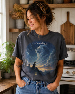 Dream Bigger Shirt, Cat Lion Graphic Tee, Motivational Cat Shirt, Fantasy Animal Comfort Colors T-Shirt, Cat Lover Gift