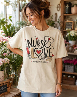 Nurse Love Shirt, Compassion In Action Tee, Nurse Shirt, Registered Nurse Gift, Nursing Student Comfort Colors T-Shirt