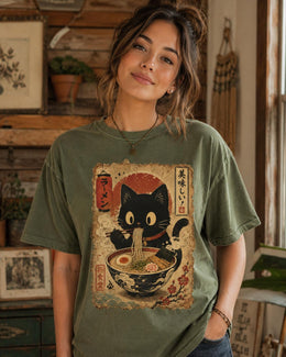 Ramen Cat Shirt, Cute Black Cat Noodles Tee, Japanese Food Shirt, Cat Lover Gift, Comfort Colors T-Shirt