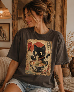 Ramen Cat Shirt, Cute Black Cat Noodles Tee, Japanese Food Shirt, Cat Lover Gift, Comfort Colors T-Shirt