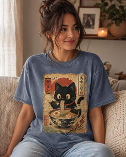 Ramen Cat Shirt, Cute Black Cat Noodles Tee, Japanese Food Shirt, Cat Lover Gift, Comfort Colors T-Shirt