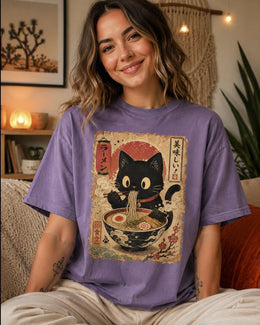 Ramen Cat Shirt, Cute Black Cat Noodles Tee, Japanese Food Shirt, Cat Lover Gift, Comfort Colors T-Shirt