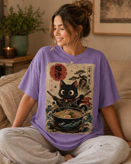 Samurai Cat Ramen Shirt, Black Cat Noodles Tee, Japanese Food Shirt, Anime Cat Gift, Comfort Colors T-Shirt