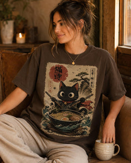 Samurai Cat Ramen Shirt, Black Cat Noodles Tee, Japanese Food Shirt, Anime Cat Gift, Comfort Colors T-Shirt