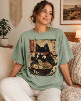 Ninja Cat Ramen Shirt, Black Cat Noodles Tee, Japanese Food Shirt, Anime Cat Gift, Comfort Colors T-Shirt