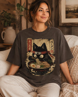 Ninja Cat Ramen Shirt, Black Cat Noodles Tee, Japanese Food Shirt, Anime Cat Gift, Comfort Colors T-Shirt