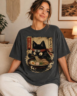 Ninja Cat Ramen Shirt, Black Cat Noodles Tee, Japanese Food Shirt, Anime Cat Gift, Comfort Colors T-Shirt