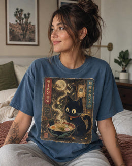 Moonlight Ramen Cat Shirt, Black Cat Noodles Tee, Japanese Food Shirt, Anime Cat Gift, Comfort Colors T-Shirt
