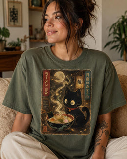 Moonlight Ramen Cat Shirt, Black Cat Noodles Tee, Japanese Food Shirt, Anime Cat Gift, Comfort Colors T-Shirt